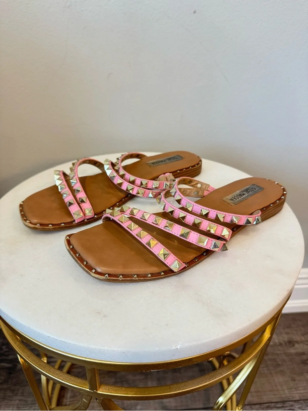 Steve Madden Pink Triple-Strap Studded Slide Sandals Sz 8